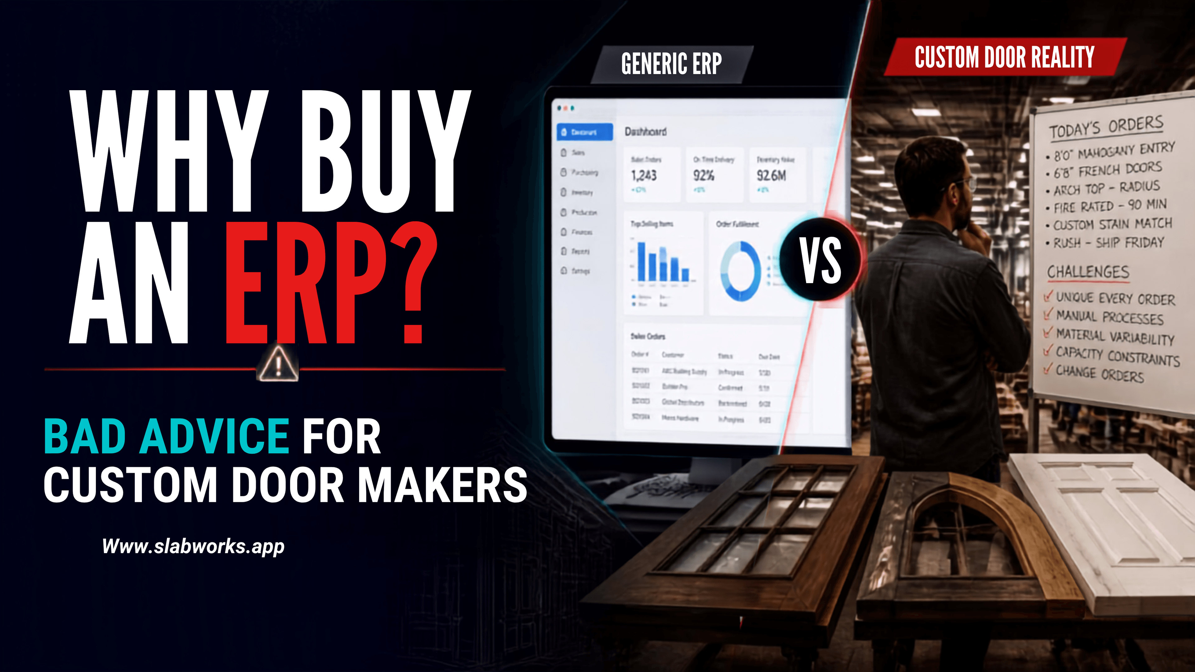 Title card reading “Why Buy an ERP? Bad advice for custom door makers”, splitting a generic ERP dashboard from a door maker studying a whiteboard of custom order requirements.