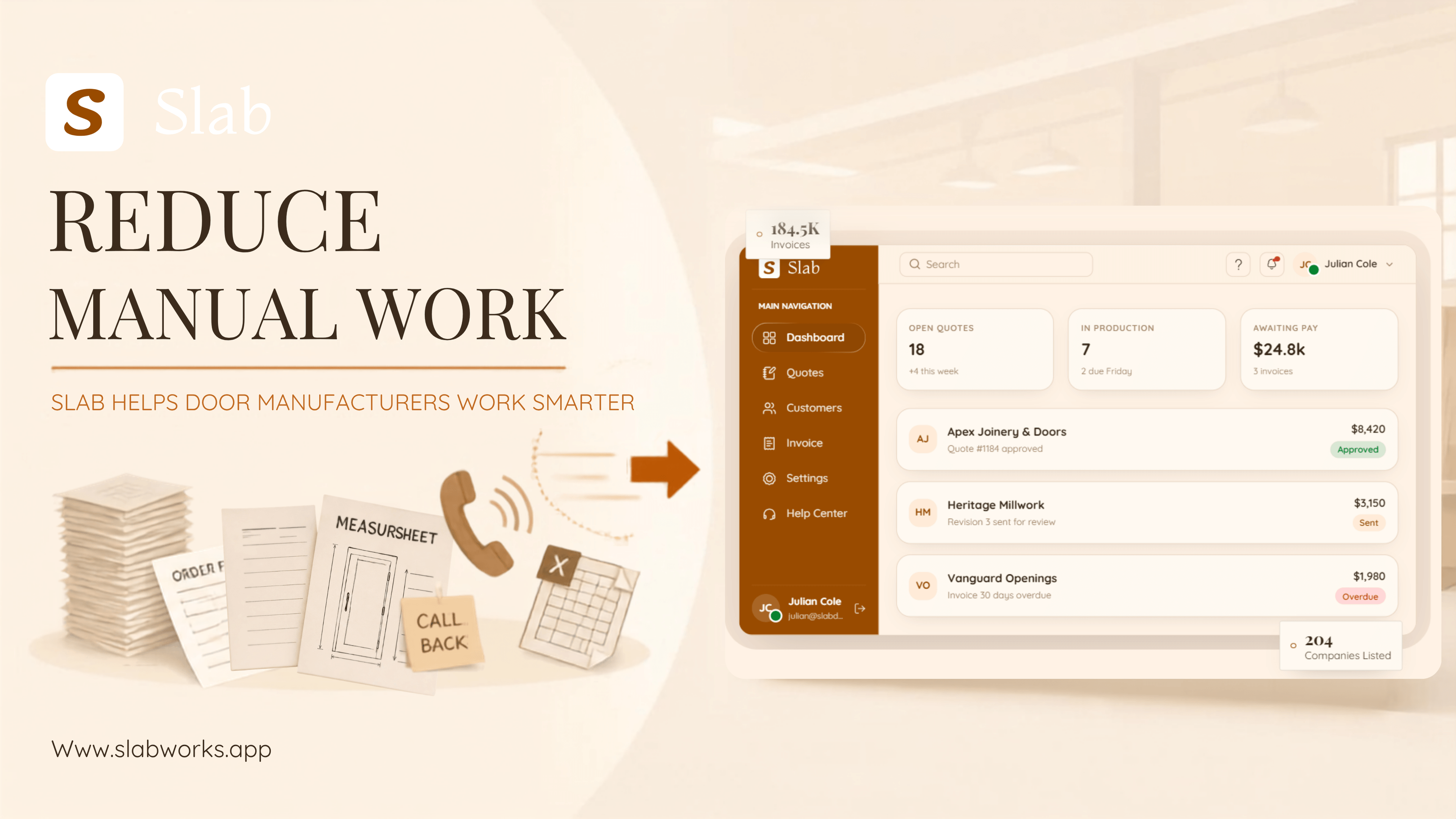 Title card reading “How SLAB Helps Door Manufacturers Reduce Manual Work”.