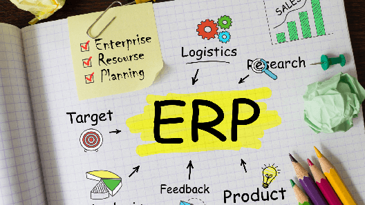 A notebook sketch of an ERP — enterprise resource planning — connecting logistics, analysis, research, feedback and product.