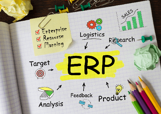 A notebook sketch of an ERP — enterprise resource planning — connecting logistics, analysis, research, feedback and product.