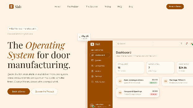 The SLAB landing page — “The Operating System for door manufacturing” — beside the SLAB dashboard.