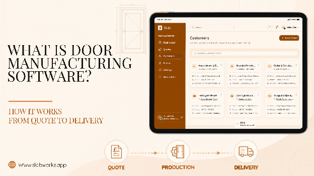 Title card reading “What Is Door Manufacturing Software? How It Works From Quote to Delivery”, beside the SLAB customers screen on a tablet.